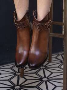 Botines de dama vaqueros grabados cómodos casuales puntales modernos moda blanco y camel tacón ancho cómodos western - Cognac - Ver 4