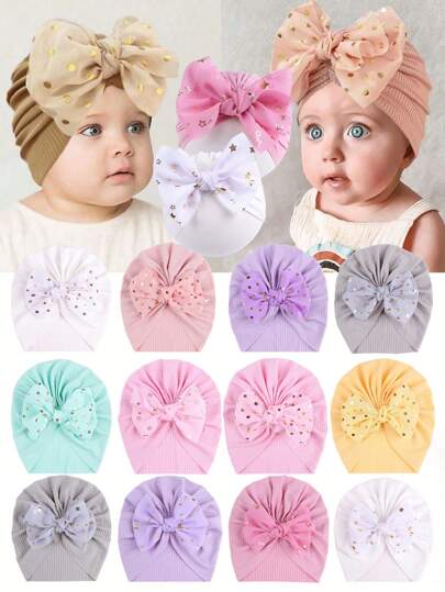 12 piezas Turbante decorativo de muselina con lunares y lazos, sombrero elástico y suave para vestir a bebés, para uso en todas las estaciones