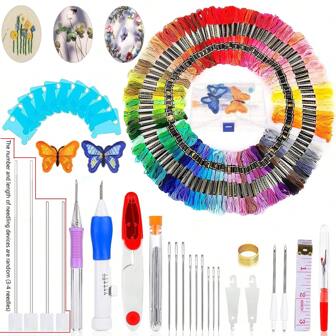1 Set di kit di avviamento per ricamo, include penna magica, 50 fili colorati, aghi e filo - Set di craft punch needle fai-da-te con disegni floreali, adatto per principianti (i colori degli accessori sono assortiti casualmente)