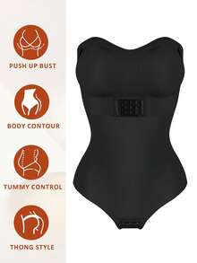 Strapless Shapewear Bodysuit For Women With Built-In Bra Silicone Anti-Slip Tummy Control Thong Corset Underbust Push Up Underwear Invisible For Wedding Dresses - 黑色 - 查看 4
