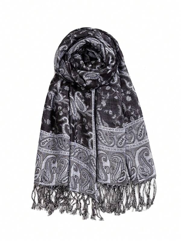FADZOYLE 1 pièce Châle long à franges de style bohème multicolore rétro en jacquard paisley pour femmes, style bohémien. Écharpe pashmina enveloppante convenant aux sorties quotidiennes, aux voyages, aux mariages, aux bals, aux banquets, aux demoiselles d'honneur