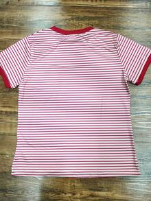 Embroidered Striped Casual Loose Flattering Women's Top T-Shirt Summer - Hot Pink - View 2