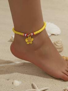 1 件时尚弹性彩色软粘土合金花卉脚链，适合海滩、度假和休闲穿着 - 黃色 - 查看 1
