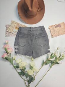 Women's Ripped Denim Elastic Shorts, Suitable For Summer Vacation And Casual Wear - Grey - View 4