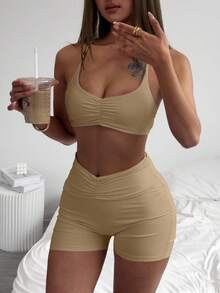 女士休闲吊带短款上衣和短裤套装，适合春夏季 - 駝色 - 查看 9