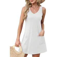 OFEEFAN Womens Summer Dresses 2025 V Neck Sleeveless Sundresses With Pockets Beach Vacation Clothes Floral/Plain - B Plain White - 查看 2