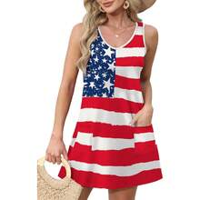 OFEEFAN Womens Summer Dresses 2025 V Neck Sleeveless Sundresses With Pockets Beach Vacation Clothes Floral/Plain - 一面美國國旗 - 查看 2