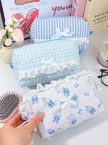 1 件粉色和蓝色条纹/熊/花朵/蝴蝶结甜心蕾丝绗缝化妆收纳包高颜值甜美清新 Ins 风格学生女生手提包旅行收纳包洗漱包大容量学生通用笔袋可存放化妆品、护肤品、笔、手机、零钱、钥匙、珠宝等生日礼物、返校礼物、周年纪念礼物度假旅行必需品暑假学校用品包女士旅行包化妆包 - 彩色 - 查看 7