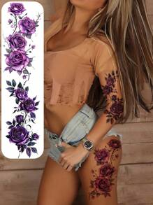 2 件性感紫色花朵临时纹身，逼真防水假纹身贴纸，适合女性，手臂、腿部、胸部人体艺术贴花 - 紫色 - 查看 3