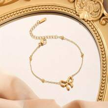 4pcs Stainless Steel Gold Plated Princess Bow Jewelry Set - Necklace, Bracelet, Earrings 3-Piece Set, Elegant & Versatile Accessories Suitable For Women Daily Commute Wear