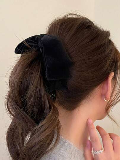 1pc Elegant Sweet Black Velvet Solid Color Ribbon Multi-Layer Bow Hair Clip, Classy Women Ponytail Holder, Suitable For Daily Wear, Christmas, Parties, Dates, Hairstyles (For Those With Thick Hair, Please Consider Carefully Before Ordering), Winter Outfit For Women, Bows, Cute