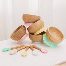 Personalized Customizable Bamboo Wooden Bowl Baby Feeding Bowl Wooden Kids Feeding Supplies For Baby Tableware Suction Round Shaped Bowl Dinnerware Product Baby Shower Family Decorations Gifts Winter Eve Gifts Back To School Winter Gift Ideas Boy Girl Valentine's Day - Multicolor - View 3