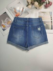 Women's Denim Shorts With Summer Casual Rolled Edges And Cat Whisker Details At The Ankle, Perfect For A Lightweight Combination - Blue - View 6