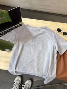 女童卡通鸭子标语印花短袖T恤，女童夏季圆领上衣/衬衫 - 灰色 - 查看 3