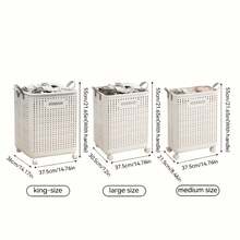 Large & Medium Foldable Ceramic White Laundry Baskets - Pu Leather, Hand Washable, Solid Color, Multi-Functional Portable Dirty Clothes Hamper With Wheels For Bathroom & Balcony Storage - 白色 - 查看 2