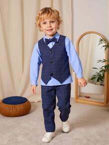 男童格子印花背心外套、裤子和蝴蝶结前襟衬衫