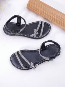 Rhinestone Bow Decor Girls Sandals, Black Minimalist Style With Elastic Strap, Fashionable Princess Shoes
