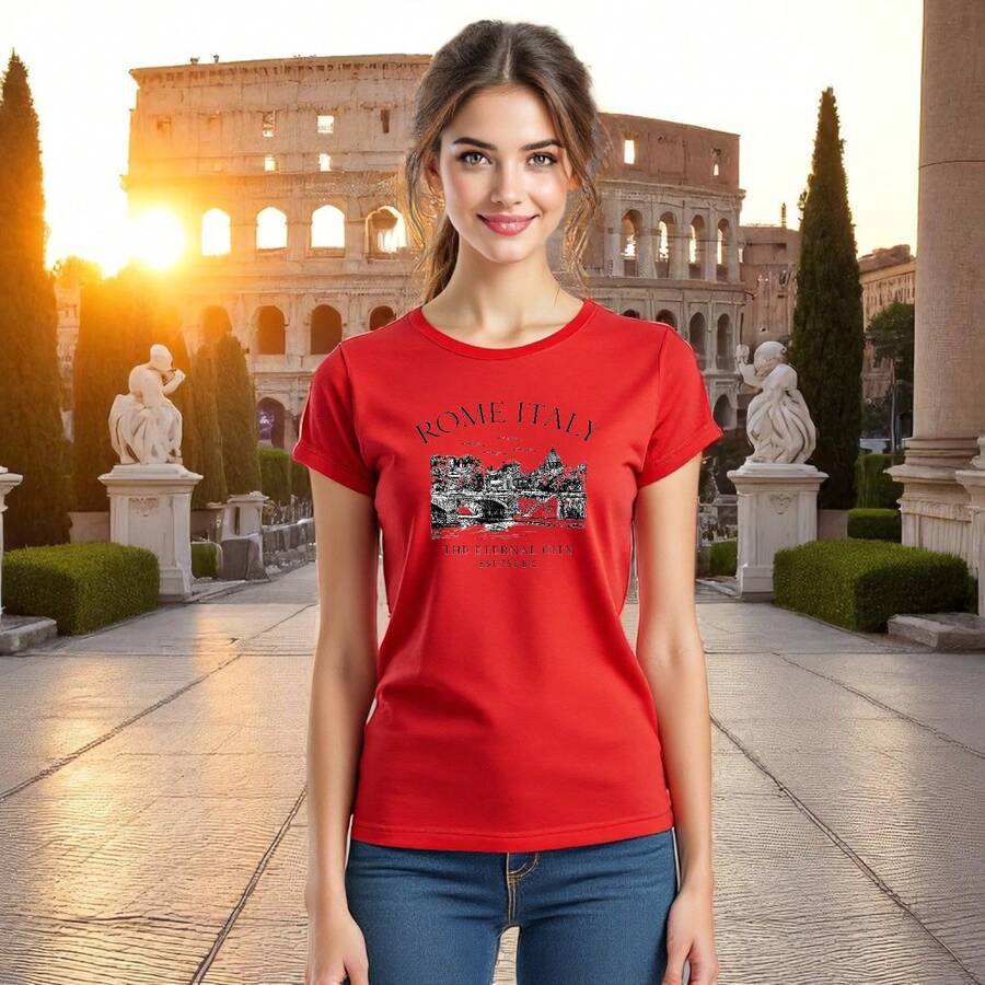 Playera para Mujer con Estampado Rome, Italy The Eternal City Moda Casual con Estilo Europeo - Rojo - Ver 1