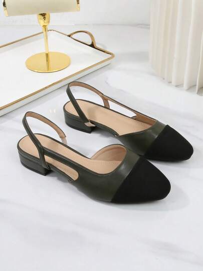 Plus Size Women's Rear Strap Closed Toe Sandals, Flat Square Toe Leather Shoes, 2025 New Fashion Versatile French Elegant Low Heel Contrast Color Mid Heel Classic Retro Style Flats