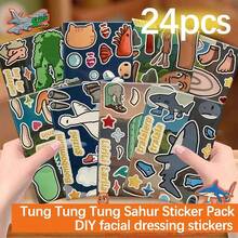 24 件 Tung Tung Tung Sahur 动物娃娃贴纸包 - 耐用防水乙烯基贴花，适用于滑板、笔记本电脑和自行车 | 易剥离粘贴，防褪色卡通图案，DIY 面部敷料贴纸，非常适合派对礼物、学校礼物、节日礼品袋、毛绒玩具贴纸、Huto 玩具、Tangu 主题、Tralala 模型珠宝、Sahur 主题、Tralero、意大利脑腐烂 - 彩色 - 查看 3