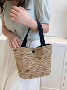 Casual, Versatile Straw Handbag For Travel/Vacation - Black - View 4