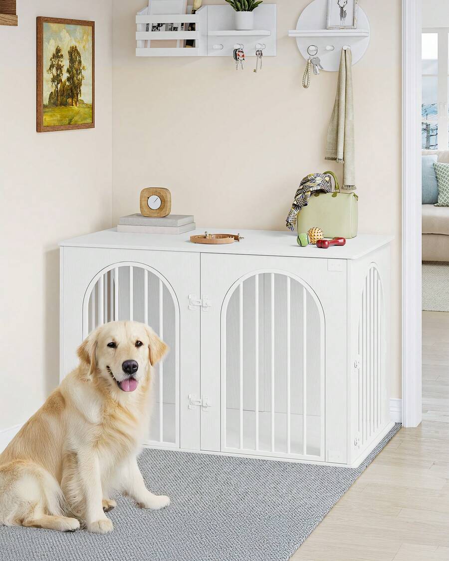 HaluPeit Dog Cage Furniture, 108 Cm Dog Crate For Home, 3 Doors, Arched Door, Modern Indoor Dog Crate For Dogs, Side Table, Heavy-Duty Dog Cage, 108 X 64 X 76 Cm, White - 白色 - 查看 1