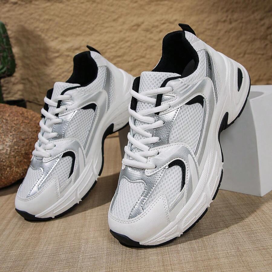 American Retro Contrast Color Running Shoes, Mesh Breathable, Thick Bottom Cushioning, Campus, Street, Daily Wear Template, Running Shoes To Grasp The Relaxation Feeling, 5cm High Casual Shoes - 黑色 - 查看 1