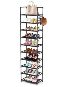 10-Tiers Shoe Rack For Cloest, Tall Shoe Organizer For Entryway Bedroom Hallway, Shoe Storage Large Capacity For 20-24 Pairs Of Shoes And Boots, Narrow Metal Shoe Shelf With Hooks