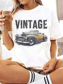 Vintage Car Graphic T-Shirt, 220g Cotton Tee For Men Women, Classic Automobile Design, Retro Style Top, Gift For Car Enthusiasts, Durable Comfortable, Available In Sizes S-XXL 0001 - 白色 - 查看 1
