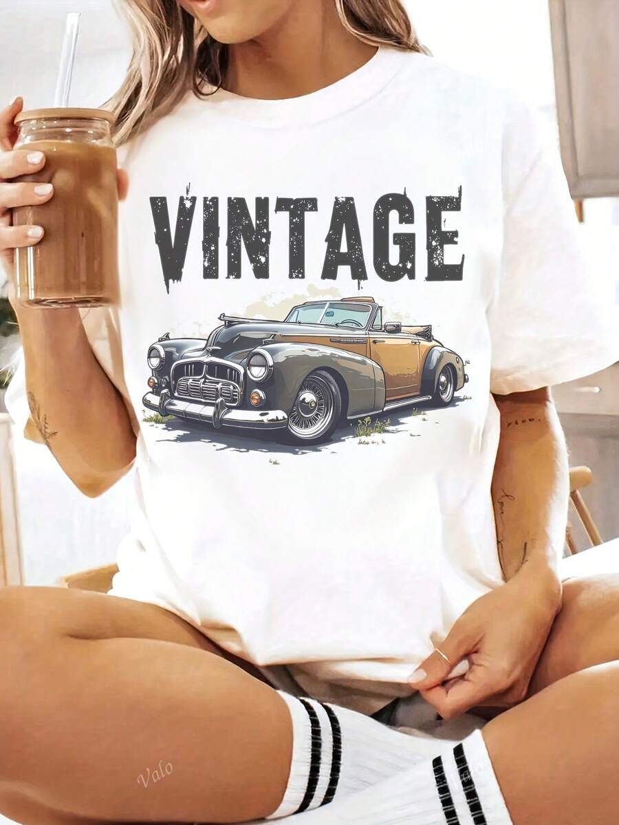 Vintage Car Graphic T-Shirt, 220g Cotton Tee For Men Women, Classic Automobile Design, Retro Style Top, Gift For Car Enthusiasts, Durable Comfortable, Available In Sizes S-XXL 0001 - 白色 - 查看 1