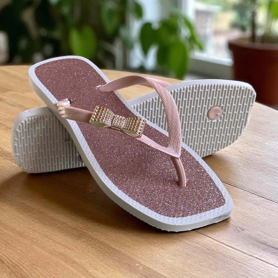 Women's Flip Flops With Cute Bow - Baby Pink With Glitter - View 1