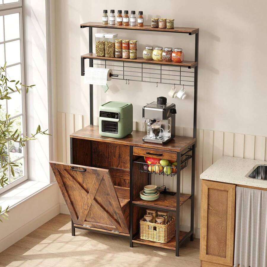Bakers Rack With Trash Can Storage, Bakers Rack With Power Outlet And Drawers, Hidden Trash Can Cabinet With Fruit Basket, 6-Tier Coffee Bar Station With 8 S-Hooks - Multicolor - View 1