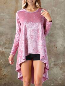Maxi Blusa  Cola De Pato de Terciopelo Manga Larga Cuello Redondo Caida Asimetrica Acabado Brillante para un Estilo Elejante y Moderno - Rosa Pastel - Ver 2