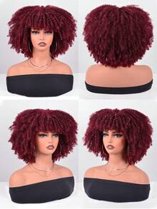 Short Afro Kinky Curly Wig With Bangs For Women High Temperature Synthetic Hair Wig Curly Afro Wigs For Women - Curly Afro Wigs Black Wig For Women Brown Gold Gradient 12 Inch Replacement Wigs Party Use Natural Black Hair Carnival Cosplay Wigs - 酒紅色 - 查看 6