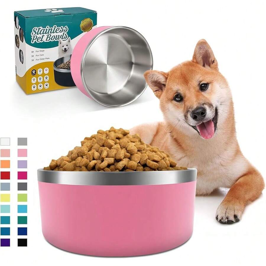 New-15 Dog Bowl For Food And Water, 64 Oz Stainls Steel Pet Feeding Bowl, Non-Skid Double Wall Insulated Heavy Duty Rubber Bottom For Medium Lar Dogs (64 Ounc/8 C, Pink) - 粉紅色 64 盎司 - 查看 1