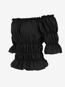 Women Off The Shoulder Tops Steampunk Pirate Shirt Renaissance Blouse Short Sleeve Shirts - 黑色 - 查看 2