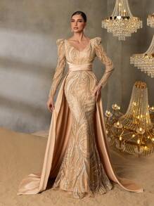 Faeriesty Faeriesty Luxury Beaded Mermaid Evening Gown With V-Neck, Strappy Back & Satin Trains - Formal Dress For Luxury Galas, High-End Parties & Red Carpet Glam
