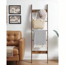 Worth Having, New 5-Tier  Ladder Shelf For Living Room, Decorative Quilt Rack With 4 Removable Hooks,Farmhouse Ladder Holder Organizer For Bedroom, Rustic Brown