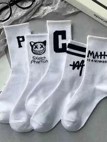 1/5/10 双男女通用涂鸦文字印花中筒袜，街头风格，适合日常休闲穿着 - 黑與白 - 查看 4
