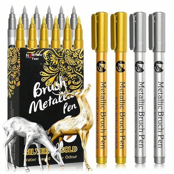 2pcs/12pcs Gold & Silver Oil Based Markers, Fine Tip, Quick Dry, Metallic Hand Lettering Pens, For Wood, Canvas, Stone, Rock Painting, Glass, Ceramic Surface, Suitable For Students, Daily Drawing, DIY, Art Supplies