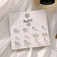 6 Pairs/Set Silver Plated Minimalist Heart & C-Shape Stud Earrings, Gift For Women, Suitable For Mom Or Girlfriend - Silver - View 3