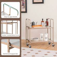 2-Tier Foldable Kitchen Bar Cart Mobile Tempered Glass Serving Cart W/ Handle - Multicolor - View 5