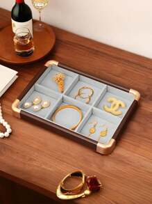 1 Pieza, Caja de almacenamiento de anillos con bordes redondeados con borde dorado, color gris, bandeja de exhibición, caja de almacenamiento de joyas, gran capacidad, madera maciza de alta calidad, para aretes, pendientes, joyería pequeña, joyería, gran capacidad, bandeja de exhibición, caja de exhibición de joyas de madera maciza, adecuada para anillos, aretes, etc., estilo retro, es una opción de regalo para mujeres, regalo del Día de la Madre, regalo para amigos, regalo para novia, regalo para familiares, regalo para maestros, regalo para colegas