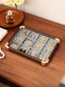 1 Pieza, Caja de almacenamiento de anillos con bordes redondeados con borde dorado, color gris, bandeja de exhibición, caja de almacenamiento de joyas, gran capacidad, madera maciza de alta calidad, para aretes, pendientes, joyería pequeña, joyería, gran capacidad, bandeja de exhibición, caja de exhibición de joyas de madera maciza, adecuada para anillos, aretes, etc., estilo retro, es una opción de regalo para mujeres, regalo del Día de la Madre, regalo para amigos, regalo para novia, regalo para familiares, regalo para maestros, regalo para colegas