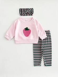3pcs/Set Baby Girl Clothes, Includes Pink Strawberry Embroidered Sweatshirt, Striped Stretch Pants And Headband, Suitable For Spring And Autumn - Pink - View 5