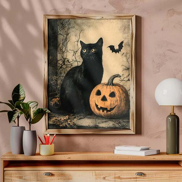 1 Stück, Leinwand Hängbild, gerahmte Kunstdekorationen, Fertig zum Aufhängen, Wandkunst, Poster, Wandkunst mit Rahmen, wasserfest, Herbst, Halloween, Gemälde mit schwarzer Katze und Kürbis, Vintage Halloween Wandkunst, unheimliche Farmhaus Dekoration, Country Cottage Stil, Vintage Halloween Katzen Muster, Halloween Atmosphäre Deko, Wandkunst, Halloween Dekorationskunst, Halloween Zimmer Deko, Badezimmer, Wohnzimmer, Schlafzimmer, Esszimmer Wanddekoration