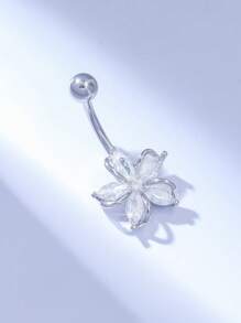 1pc Copper Plated Silver Exquisite Shiny Flower Zirconia Belly Button Ring, Very Suitable For Ladies To Wear Decoration At Gatherings And Parties