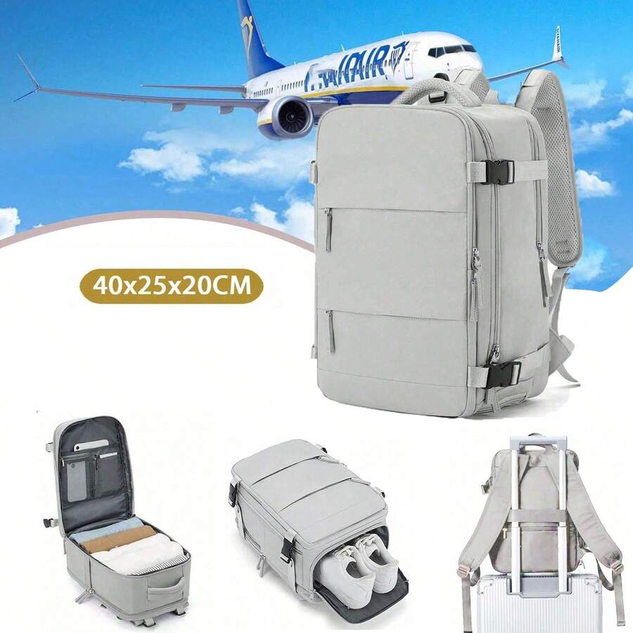Balo du lịch Ryanair, Túi xách tay 40x20x25 có ngăn đựng giày, Ngăn đựng đồ ướt và khô, Túi xách tay dưới ghế, Túi hàng không, Balo du lịch nữ, Balo thường ngày được chứng nhận hàng không, Balo hành lý ngoài trời Túi công tác cuối tuần có đầu ra USB Balo du lịch chống thấm nước cho nam - Xám - Xem 1