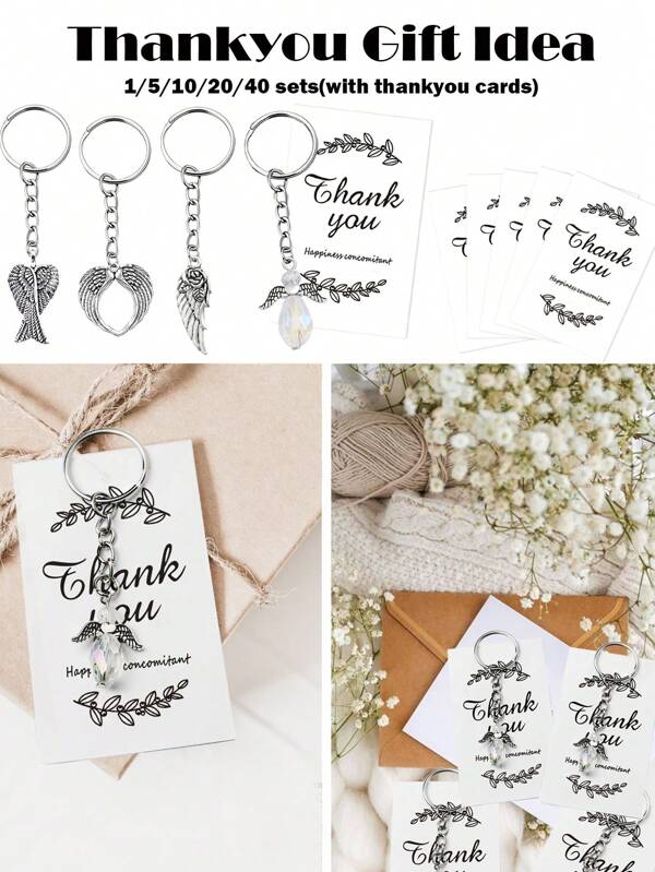 1/5/10/20/40pcs Set Includes "Thank You" Card Angel Wings Rose Embrace Angel Wings Keychain Bag Charm Gift Set, Multipurpose Key Chain Bag Pendant