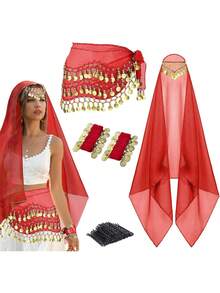 4pcs Belly Dance Costume Set, Including Chiffon Hip Scarf, Headscarf With Coins, And 2pcs Coin Bracelets, Halloween Theme - Multicolor - View 14